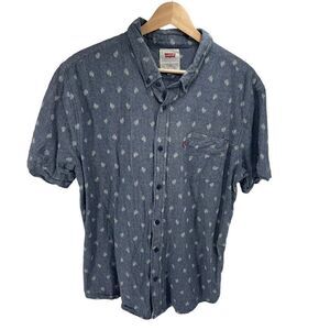 Levi's Mens Button Up Shirt Leaf Print Short Sleeve Cotton Pocket Blue Large